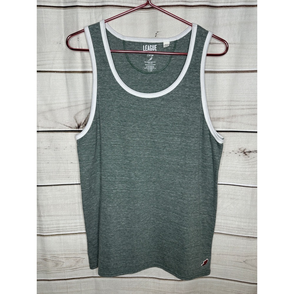 League Tank Top Mens Large Green Heather Ringer Classic Fit Tri-Blend Sleeveless